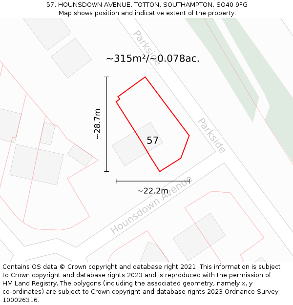 57, HOUNSDOWN AVENUE, TOTTON, SOUTHAMPTON, SO40 9FG: Plot and title map