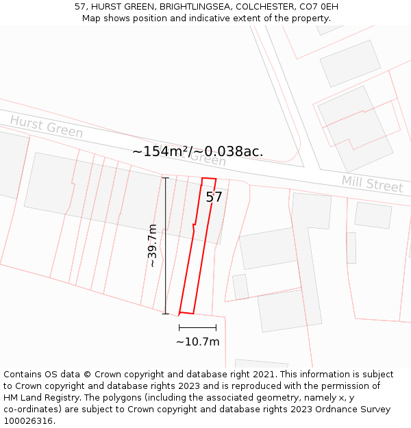 57, HURST GREEN, BRIGHTLINGSEA, COLCHESTER, CO7 0EH: Plot and title map