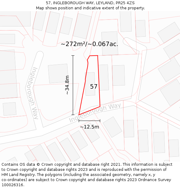 57, INGLEBOROUGH WAY, LEYLAND, PR25 4ZS: Plot and title map