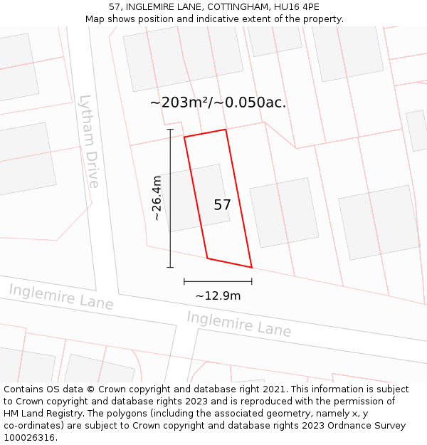 57, INGLEMIRE LANE, COTTINGHAM, HU16 4PE: Plot and title map