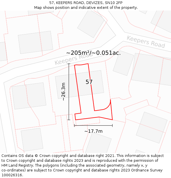 57, KEEPERS ROAD, DEVIZES, SN10 2FP: Plot and title map
