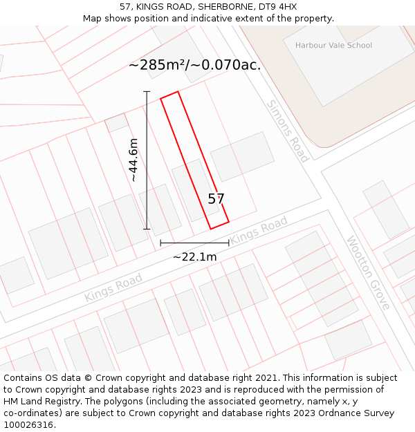 57, KINGS ROAD, SHERBORNE, DT9 4HX: Plot and title map