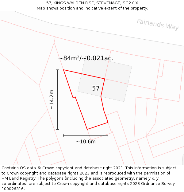 57, KINGS WALDEN RISE, STEVENAGE, SG2 0JX: Plot and title map