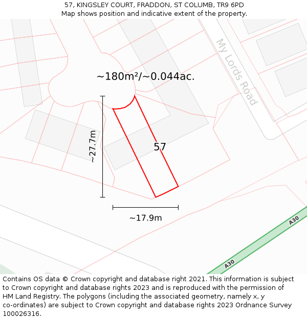 57, KINGSLEY COURT, FRADDON, ST COLUMB, TR9 6PD: Plot and title map