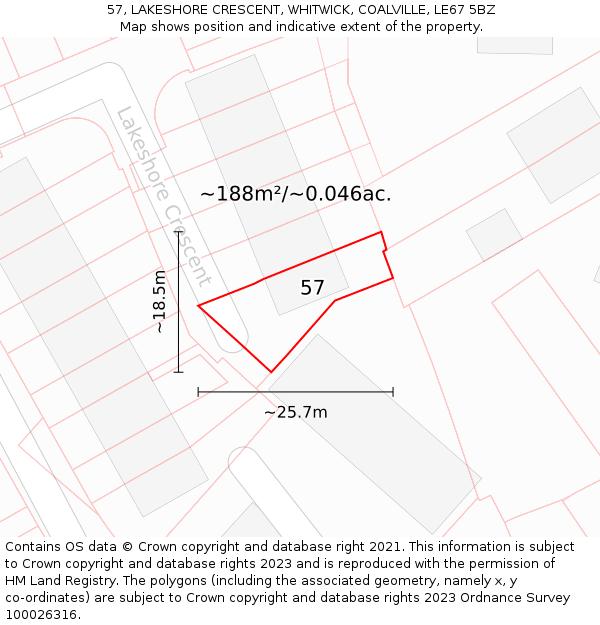 57, LAKESHORE CRESCENT, WHITWICK, COALVILLE, LE67 5BZ: Plot and title map