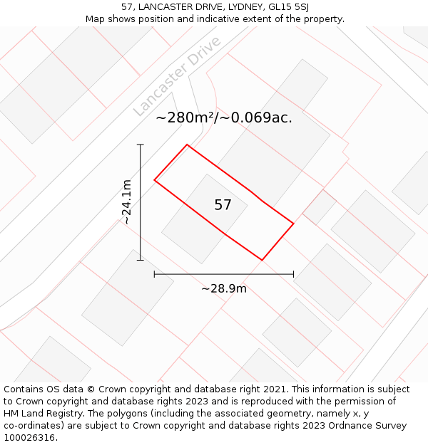 57, LANCASTER DRIVE, LYDNEY, GL15 5SJ: Plot and title map