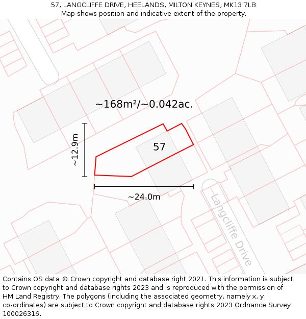57, LANGCLIFFE DRIVE, HEELANDS, MILTON KEYNES, MK13 7LB: Plot and title map