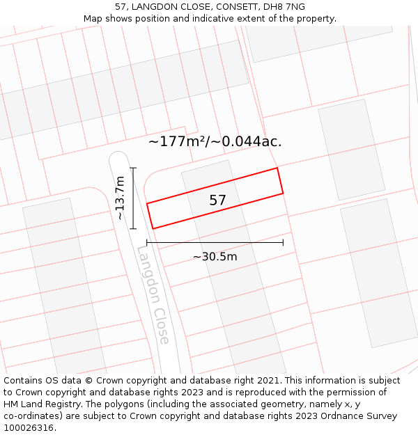 57, LANGDON CLOSE, CONSETT, DH8 7NG: Plot and title map