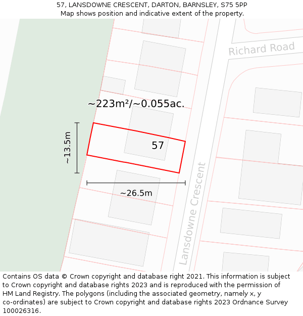 57, LANSDOWNE CRESCENT, DARTON, BARNSLEY, S75 5PP: Plot and title map