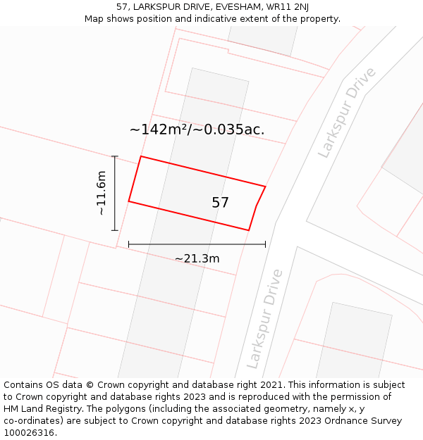 57, LARKSPUR DRIVE, EVESHAM, WR11 2NJ: Plot and title map