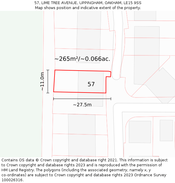 57, LIME TREE AVENUE, UPPINGHAM, OAKHAM, LE15 9SS: Plot and title map