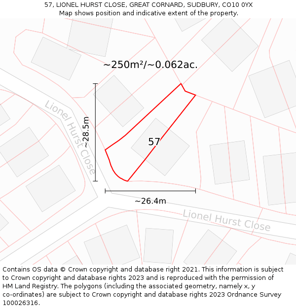 57, LIONEL HURST CLOSE, GREAT CORNARD, SUDBURY, CO10 0YX: Plot and title map