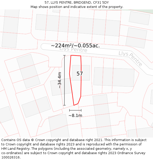 57, LLYS PENTRE, BRIDGEND, CF31 5DY: Plot and title map