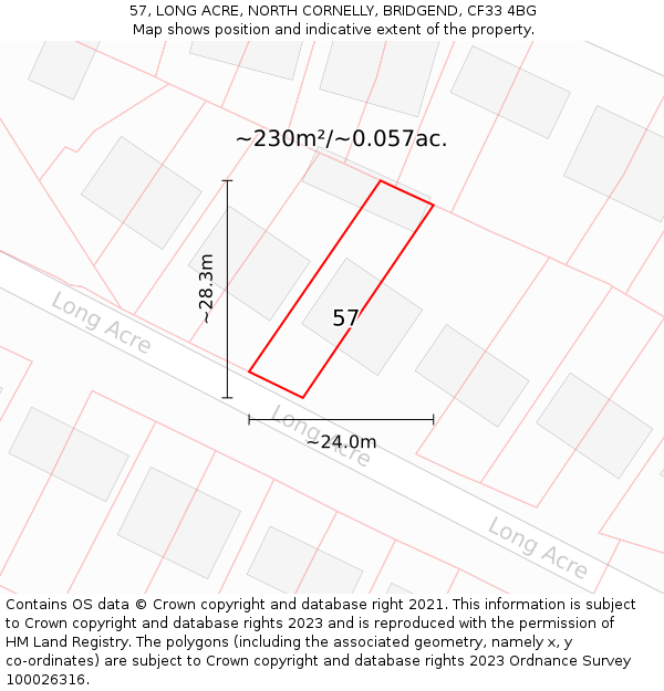 57, LONG ACRE, NORTH CORNELLY, BRIDGEND, CF33 4BG: Plot and title map