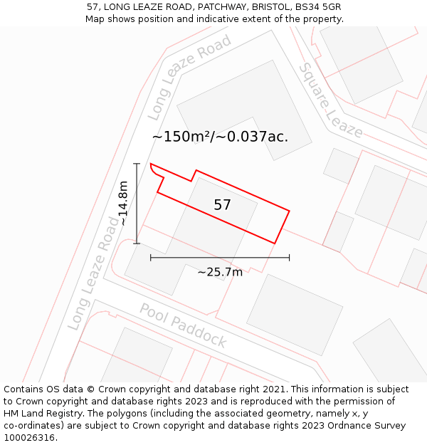 57, LONG LEAZE ROAD, PATCHWAY, BRISTOL, BS34 5GR: Plot and title map
