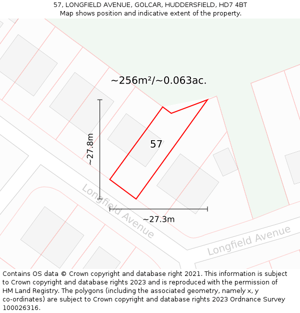 57, LONGFIELD AVENUE, GOLCAR, HUDDERSFIELD, HD7 4BT: Plot and title map