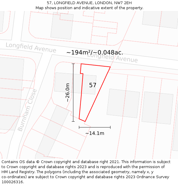 57, LONGFIELD AVENUE, LONDON, NW7 2EH: Plot and title map
