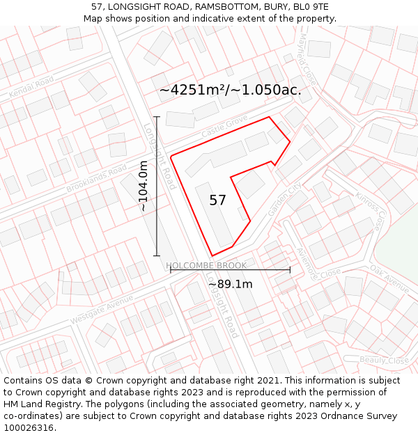 57, LONGSIGHT ROAD, RAMSBOTTOM, BURY, BL0 9TE: Plot and title map