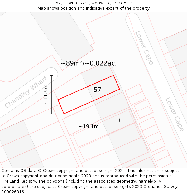 57, LOWER CAPE, WARWICK, CV34 5DP: Plot and title map