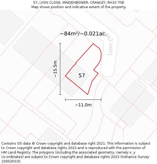57, LYON CLOSE, MAIDENBOWER, CRAWLEY, RH10 7NE: Plot and title map