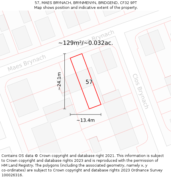 57, MAES BRYNACH, BRYNMENYN, BRIDGEND, CF32 9PT: Plot and title map