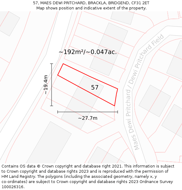 57, MAES DEWI PRITCHARD, BRACKLA, BRIDGEND, CF31 2ET: Plot and title map
