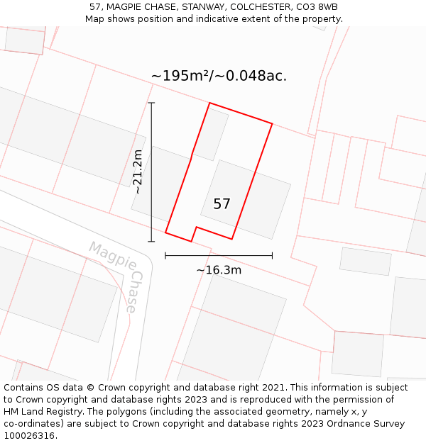 57, MAGPIE CHASE, STANWAY, COLCHESTER, CO3 8WB: Plot and title map