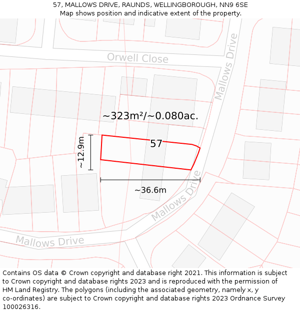 57, MALLOWS DRIVE, RAUNDS, WELLINGBOROUGH, NN9 6SE: Plot and title map