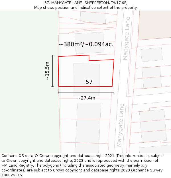 57, MANYGATE LANE, SHEPPERTON, TW17 9EJ: Plot and title map