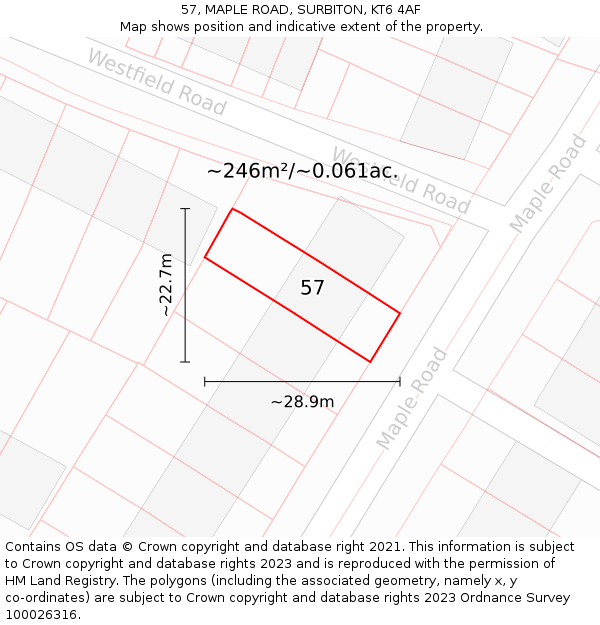 57, MAPLE ROAD, SURBITON, KT6 4AF: Plot and title map