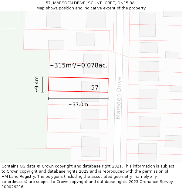 57, MARSDEN DRIVE, SCUNTHORPE, DN15 8AL: Plot and title map