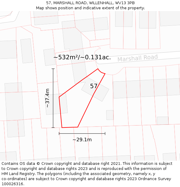 57, MARSHALL ROAD, WILLENHALL, WV13 3PB: Plot and title map