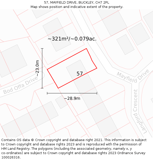 57, MAYFIELD DRIVE, BUCKLEY, CH7 2PL: Plot and title map