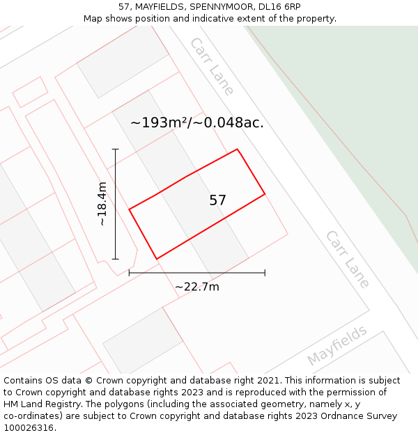 57, MAYFIELDS, SPENNYMOOR, DL16 6RP: Plot and title map