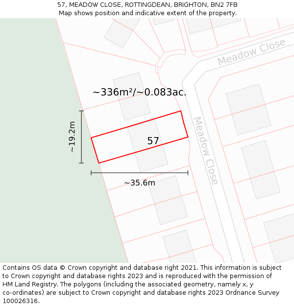 57, MEADOW CLOSE, ROTTINGDEAN, BRIGHTON, BN2 7FB: Plot and title map