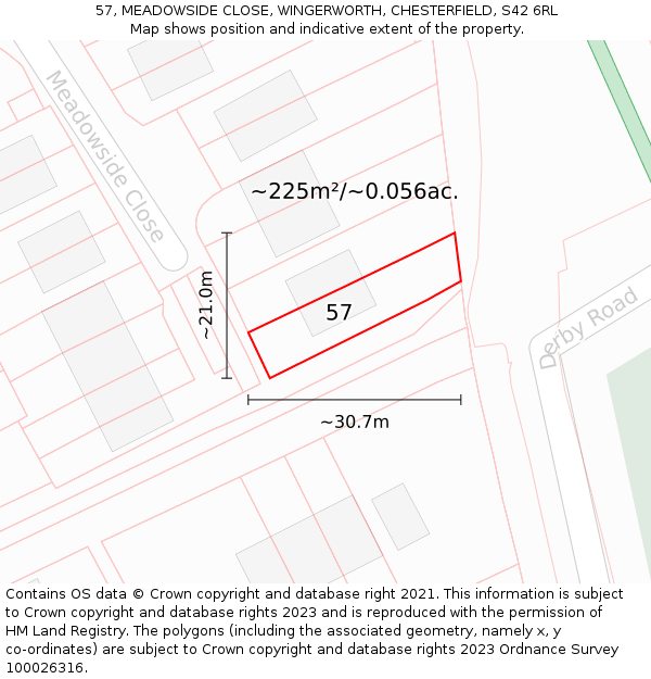 57, MEADOWSIDE CLOSE, WINGERWORTH, CHESTERFIELD, S42 6RL: Plot and title map