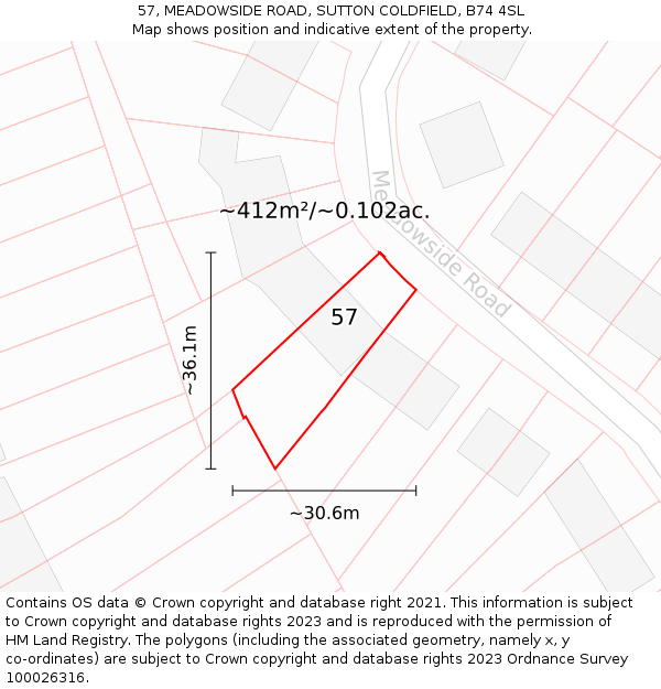57, MEADOWSIDE ROAD, SUTTON COLDFIELD, B74 4SL: Plot and title map