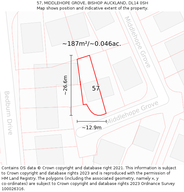 57, MIDDLEHOPE GROVE, BISHOP AUCKLAND, DL14 0SH: Plot and title map