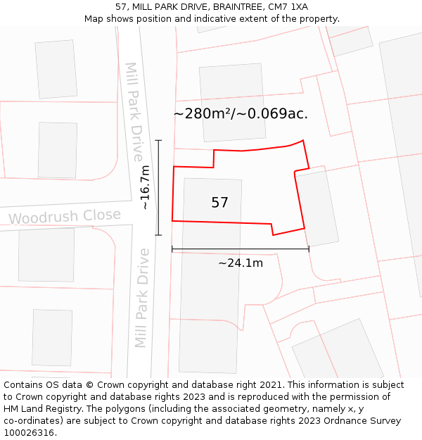 57, MILL PARK DRIVE, BRAINTREE, CM7 1XA: Plot and title map