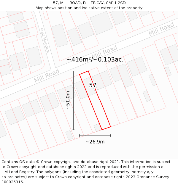 57, MILL ROAD, BILLERICAY, CM11 2SD: Plot and title map