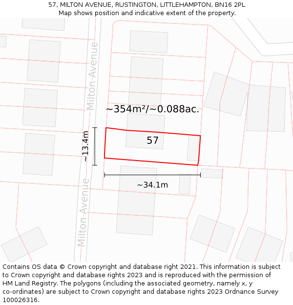 57, MILTON AVENUE, RUSTINGTON, LITTLEHAMPTON, BN16 2PL: Plot and title map