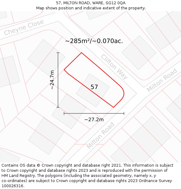 57, MILTON ROAD, WARE, SG12 0QA: Plot and title map