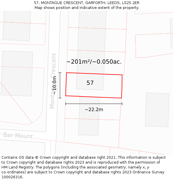 57, MONTAGUE CRESCENT, GARFORTH, LEEDS, LS25 2ER: Plot and title map