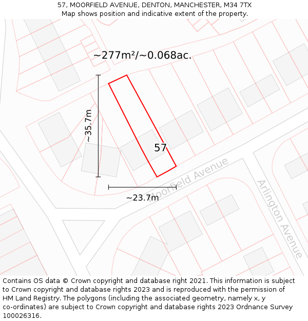 57, MOORFIELD AVENUE, DENTON, MANCHESTER, M34 7TX: Plot and title map
