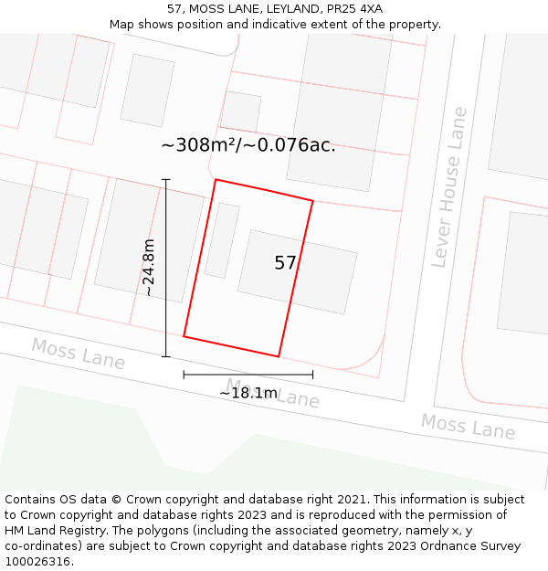 57, MOSS LANE, LEYLAND, PR25 4XA: Plot and title map