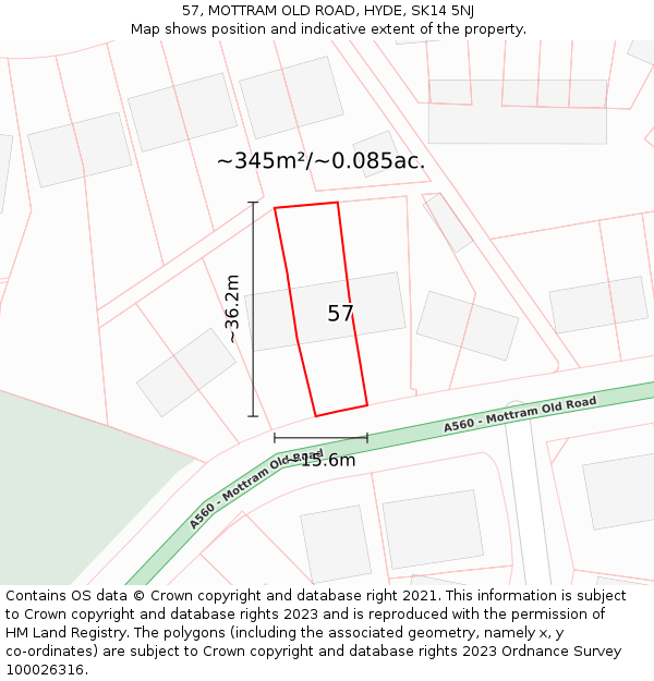 57, MOTTRAM OLD ROAD, HYDE, SK14 5NJ: Plot and title map