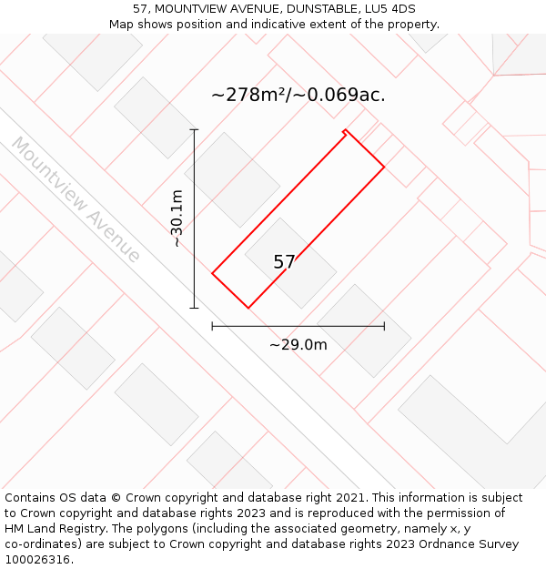 57, MOUNTVIEW AVENUE, DUNSTABLE, LU5 4DS: Plot and title map