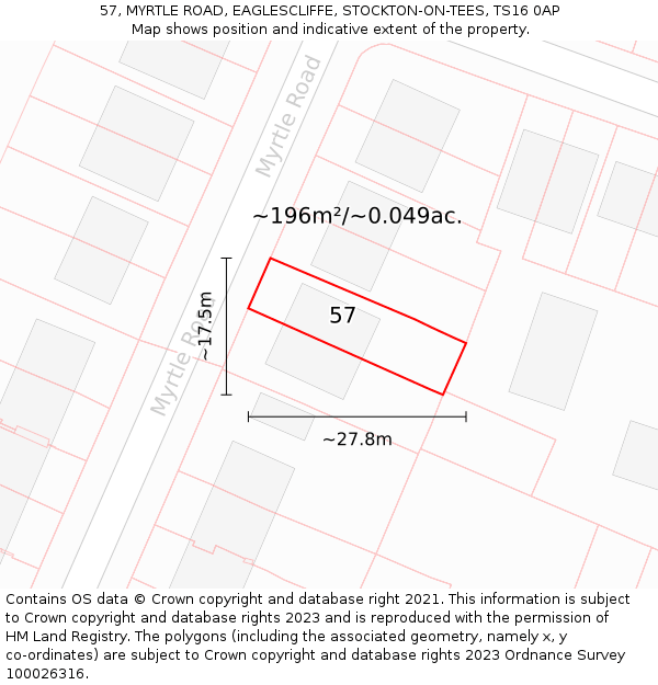 57, MYRTLE ROAD, EAGLESCLIFFE, STOCKTON-ON-TEES, TS16 0AP: Plot and title map