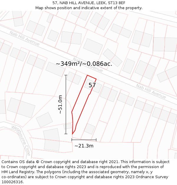 57, NAB HILL AVENUE, LEEK, ST13 8EF: Plot and title map
