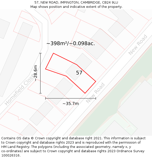 57, NEW ROAD, IMPINGTON, CAMBRIDGE, CB24 9LU: Plot and title map